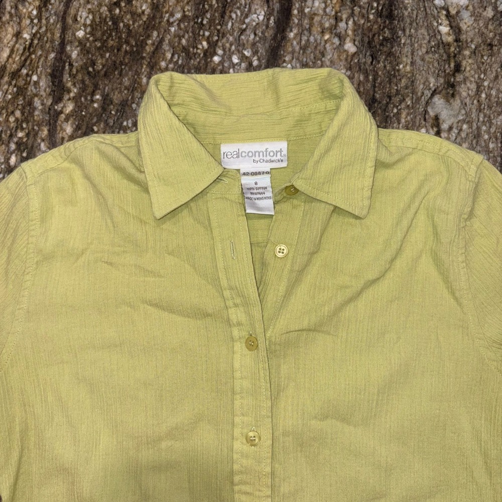 Textured Button Down Crinkle Casual Women 8 Lime Green Real Comfort - Picture 2 of 8
